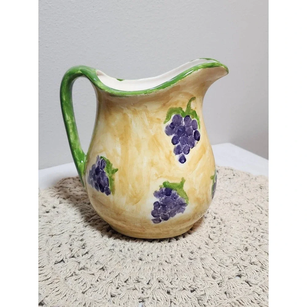Hand Painted Ceramic Grape Pitcher Yellow Purple Artisan Signed 2020 Cottagecore